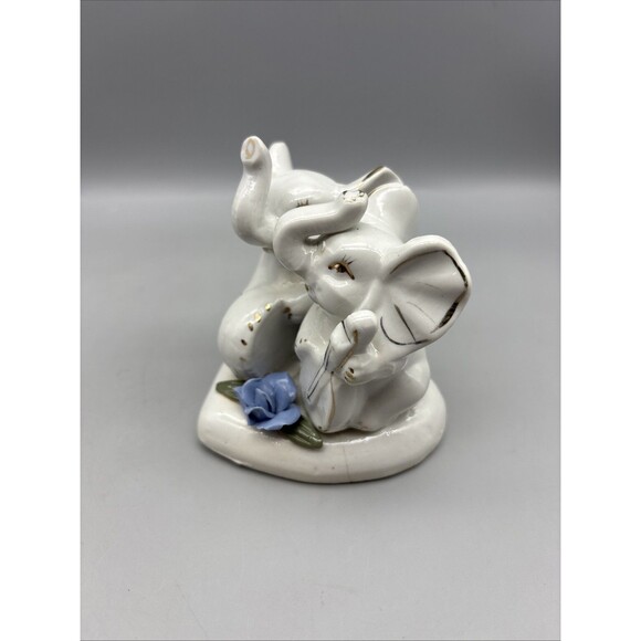 Vintage Ceramic Elephant White/Gold Glossy 4” Playing Instrument Rose Heart Base - Picture 2 of 8